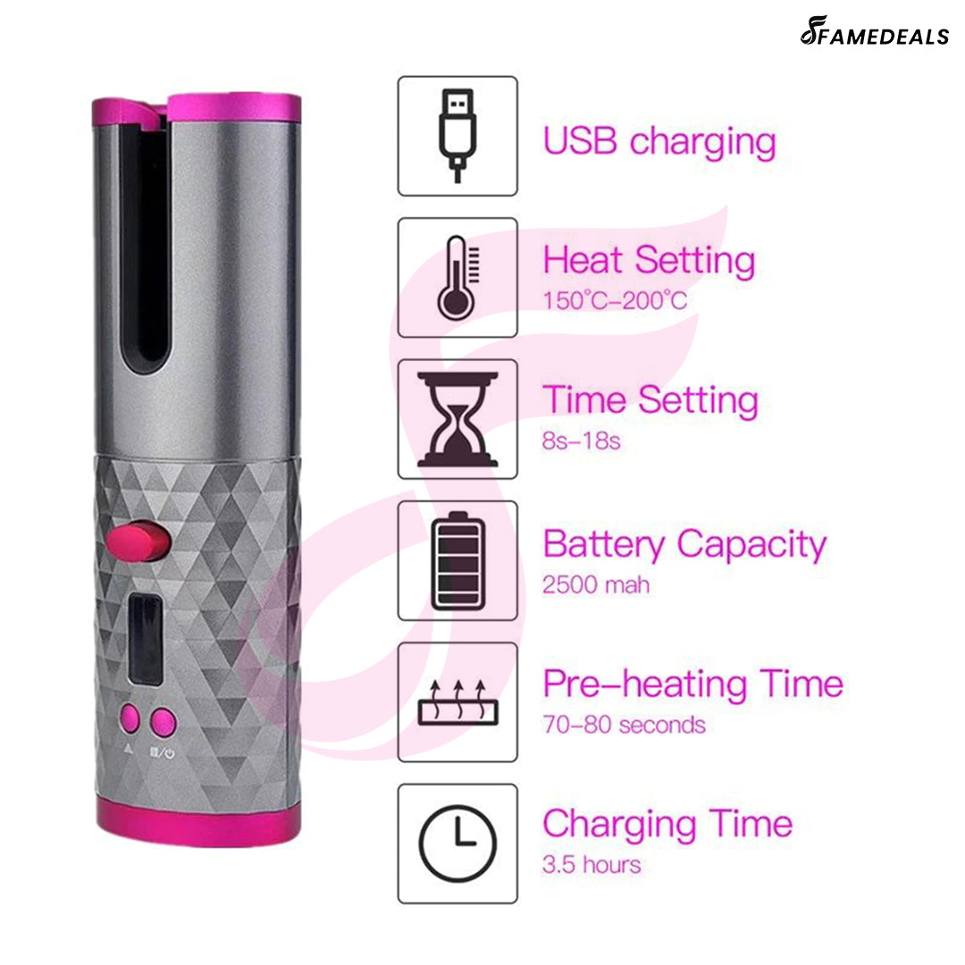 QuickMela.pk™ - Wireless Auto Rotate Ceramic Hair Curler USB Rechargeable Portable Auto Curler