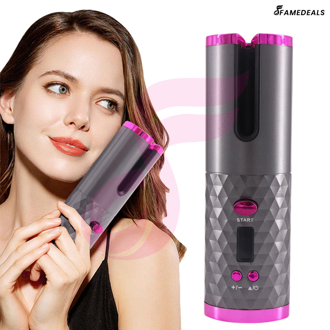 QuickMela.pk™ - Wireless Auto Rotate Ceramic Hair Curler USB Rechargeable Portable Auto Curler